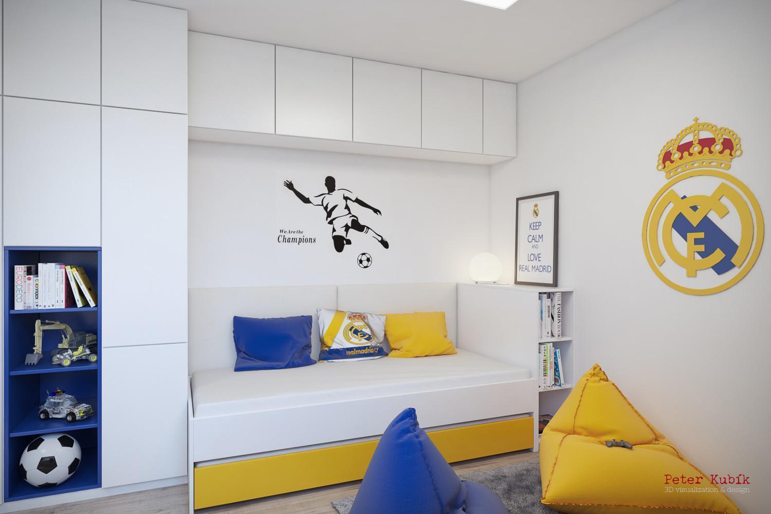 Biela študentská izba so žltými a modrými akcentami