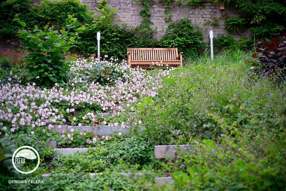 Minimalistická terasovitá záhrada s rozkvitnutými kvetmi a lavičkou vo svahu