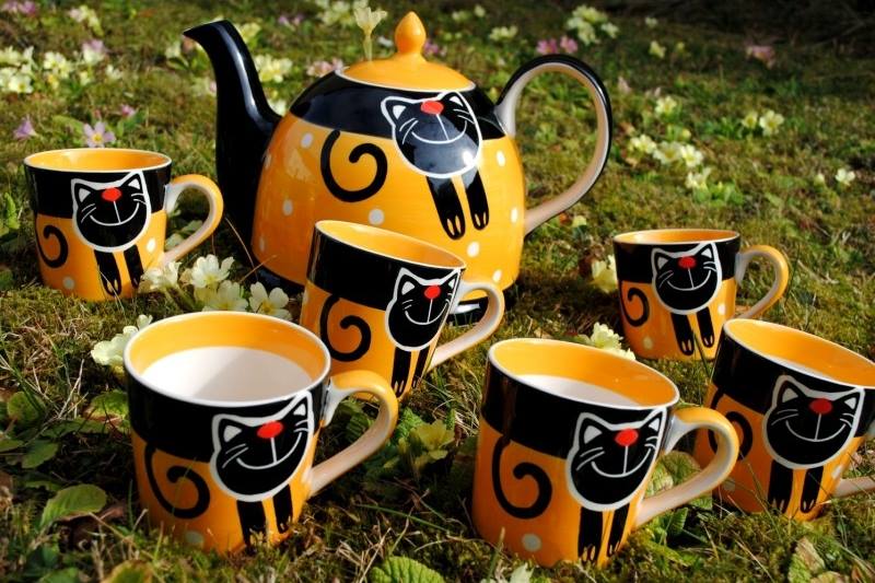 Oranžová čajová súprava s mačkou
