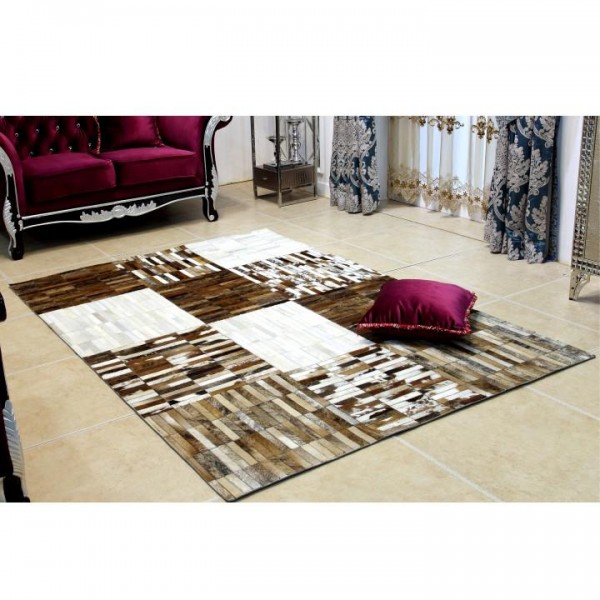 Luxusný kožený koberec, čierna/hnedá/biela, patchwork, 141x200, KOŽA TYP 4