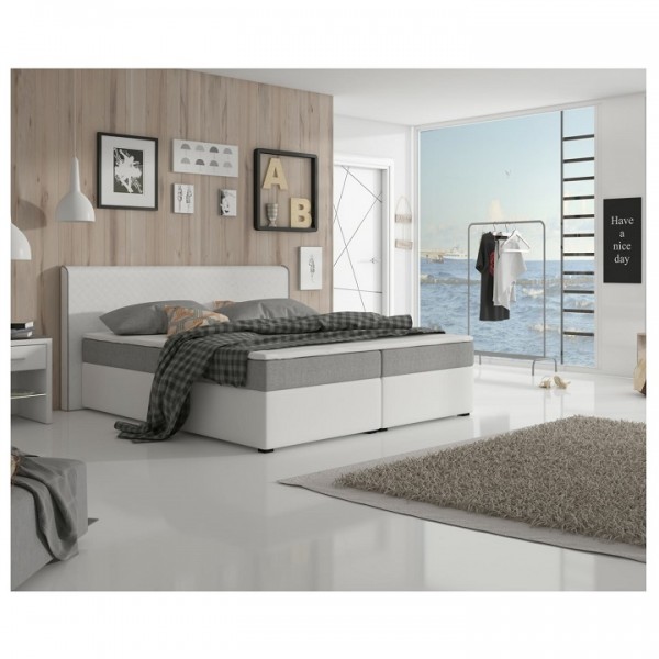 Komfortná posteľ, sivá látka/biela ekokoža, 160x200, NOVARA MEGAKOMFORT