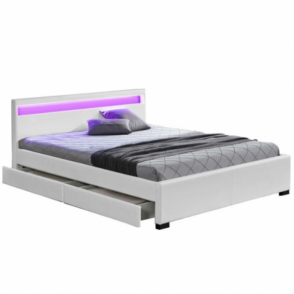 Manželská posteľ, RGB LED osvetlenie, biela ekokoža, 160x200, CLARETA