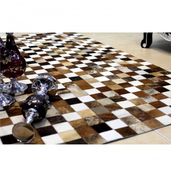 Luxusný kožený koberec, hnedá/čierna/biela, patchwork, 144x200, KOŽA TYP 3