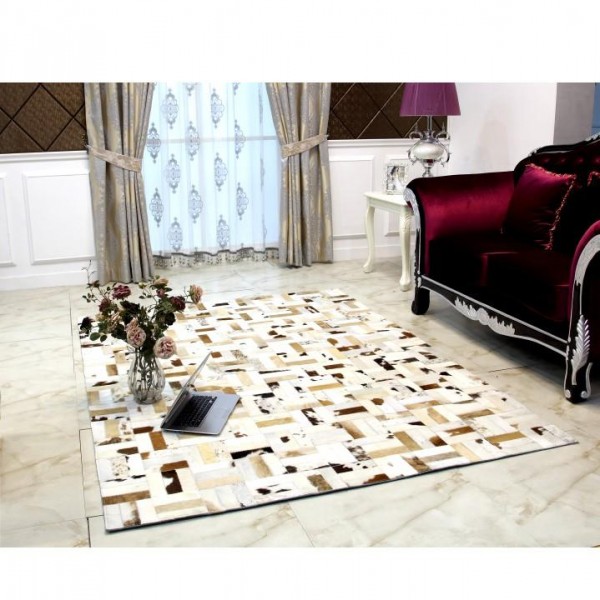 Luxusný kožený koberec, biela/sivá/hnedá, patchwork, 140x200, KOŽA typ 1