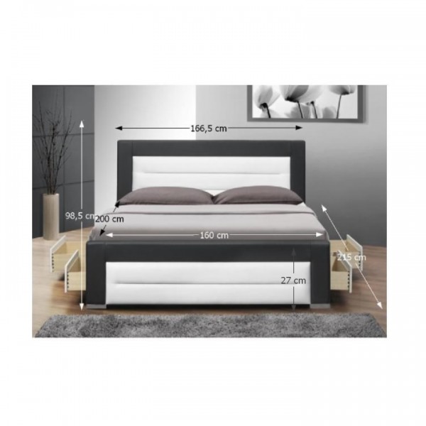 Manželská posteľ s roštom a šuplíkmi, ekokoža čierna/biela, 160x200, NAZUKA