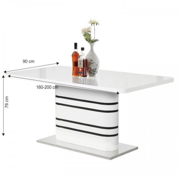 Jedálenský rozkladací stôl, biela vysoký lesk HG/čierne pásy, TUBAL
